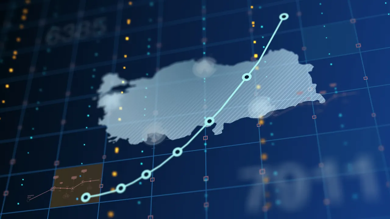 Mavi veri ızgarası üzerinde Türkiye haritası ve yukarı doğru yükselen bir çizgi grafik