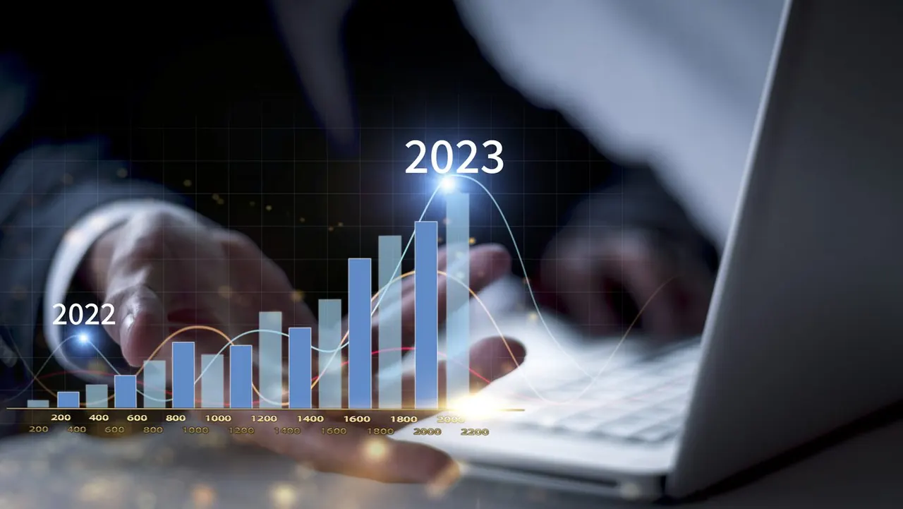 Dizüstü bilgisayarda çalışan birinin önünde 2022’den 2023’e yükselen sütun grafiği